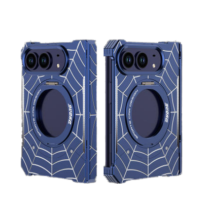 iPhone Duo Foldable Metal Case with Enclosed Hinge, Magnetic Rotating Ring Stand & Spider-Web Pattern