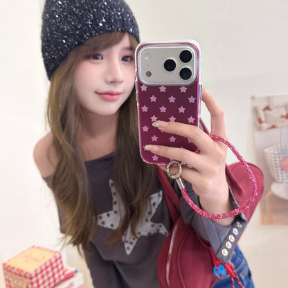 Burgundy Gradient Pink Star Air-Cushion IMD iPhone Case with Wrist Strap