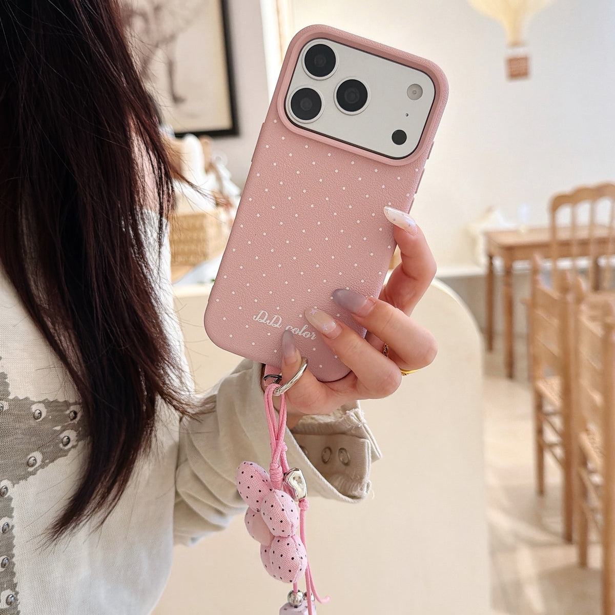 Polka Dot Phone Case with Flower Wrist Strap – 6 Color Styles
