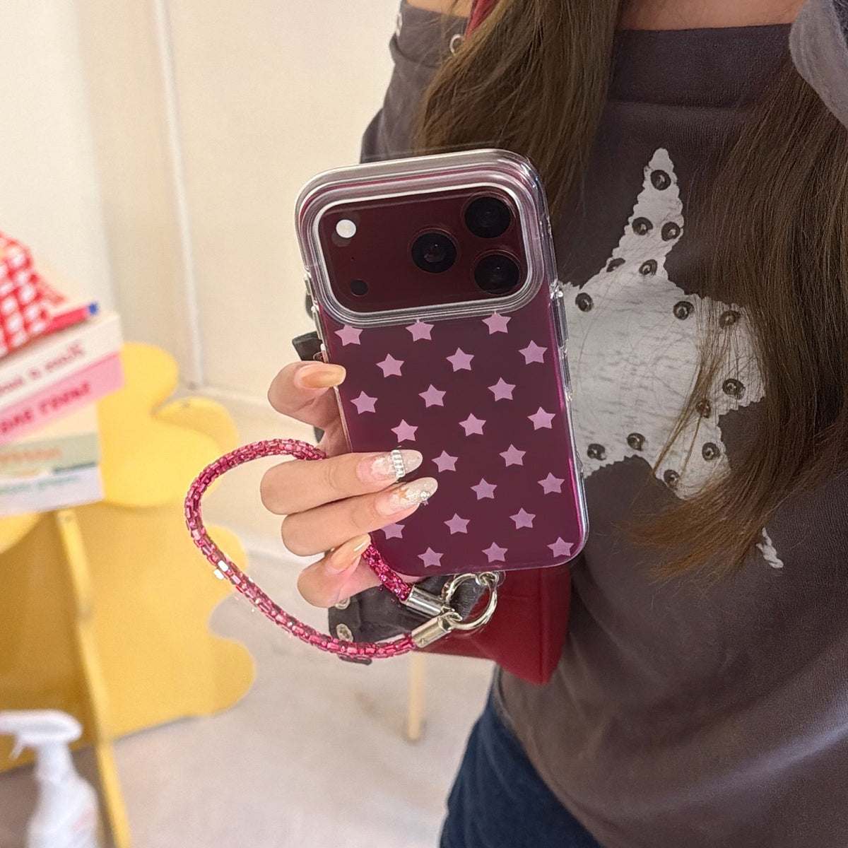 Burgundy Gradient Pink Star Air-Cushion IMD iPhone Case with Wrist Strap