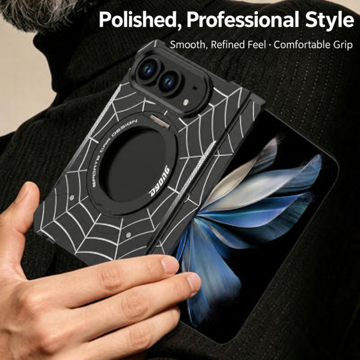 iPhone Duo Foldable Metal Case with Enclosed Hinge, Magnetic Rotating Ring Stand & Spider-Web Pattern