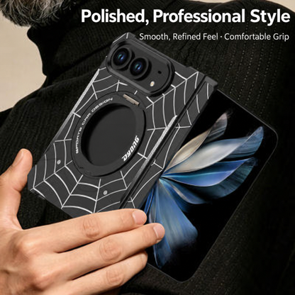 iPhone Duo Foldable Metal Case with Enclosed Hinge, Magnetic Rotating Ring Stand & Spider-Web Pattern