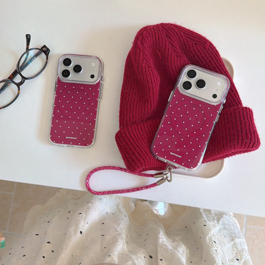 Burgundy White Polka Dot Magnetic Rounded-Edge Air-Cushion Double-Sided IMD iPhone Case with Wrist Strap