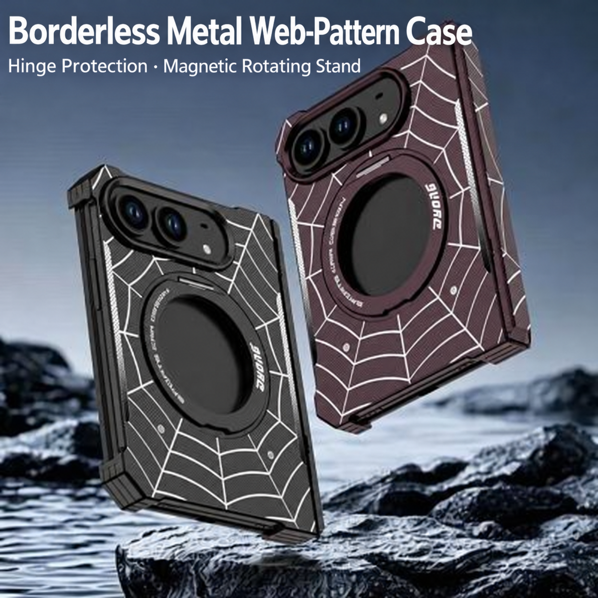 iPhone Duo Foldable Metal Case with Enclosed Hinge, Magnetic Rotating Ring Stand & Spider-Web Pattern