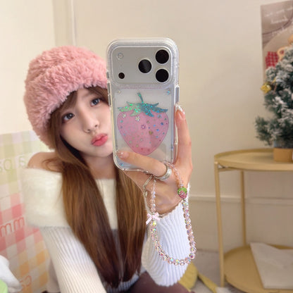 Pink Strawberry Glitter Case – With or Without Beaded Wrist Strap | 15 iPhone Models