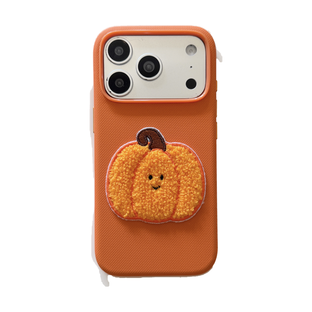 Orange Fabric Phone Case with Plush Embroidered Pumpkin & Pom-Pom Bell Wrist Strap