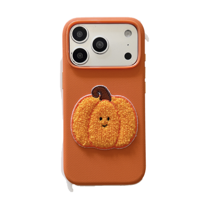 Orange Fabric Phone Case with Plush Embroidered Pumpkin & Pom-Pom Bell Wrist Strap