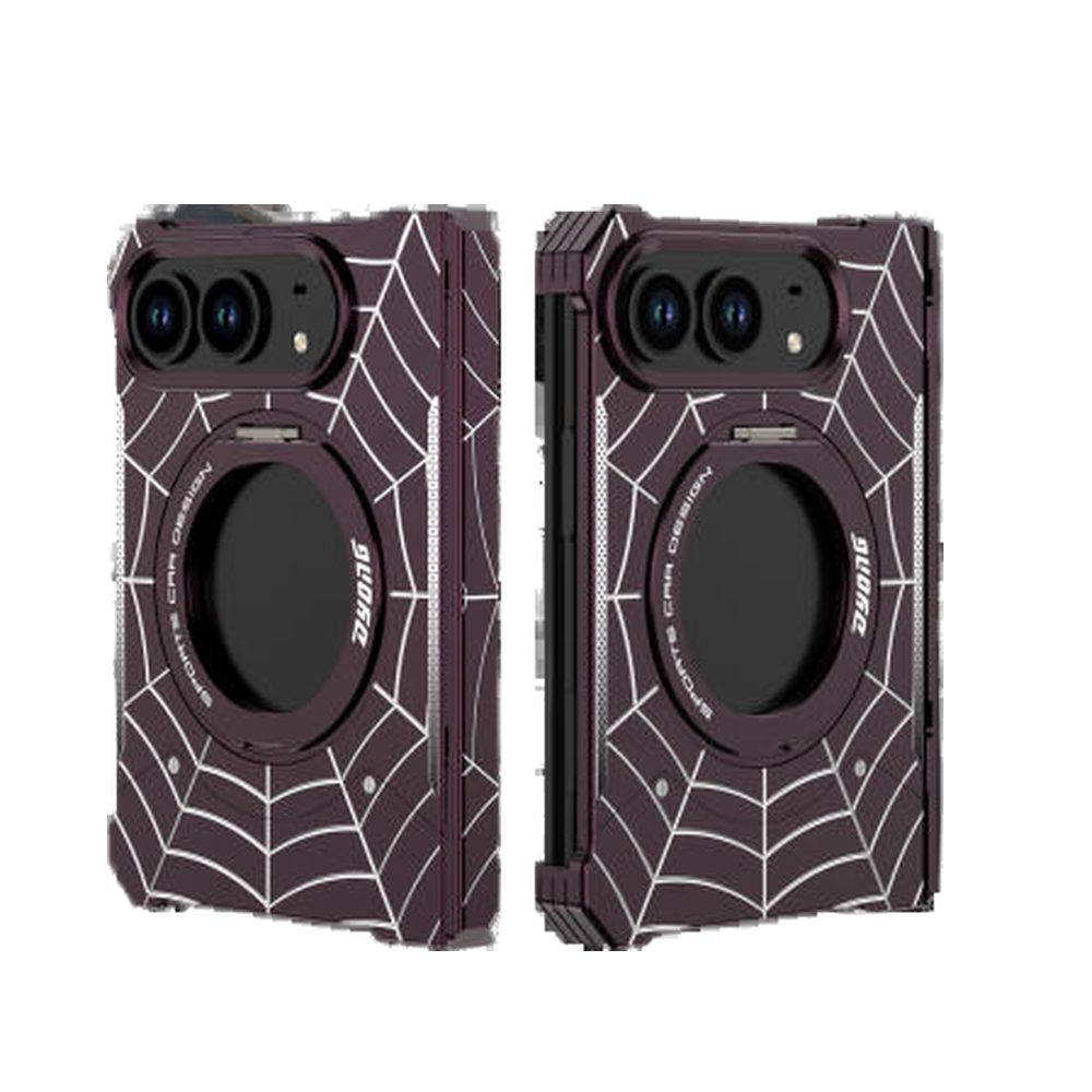 iPhone Duo Foldable Metal Case with Enclosed Hinge, Magnetic Rotating Ring Stand & Spider-Web Pattern
