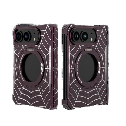 iPhone Duo Foldable Metal Case with Enclosed Hinge, Magnetic Rotating Ring Stand & Spider-Web Pattern