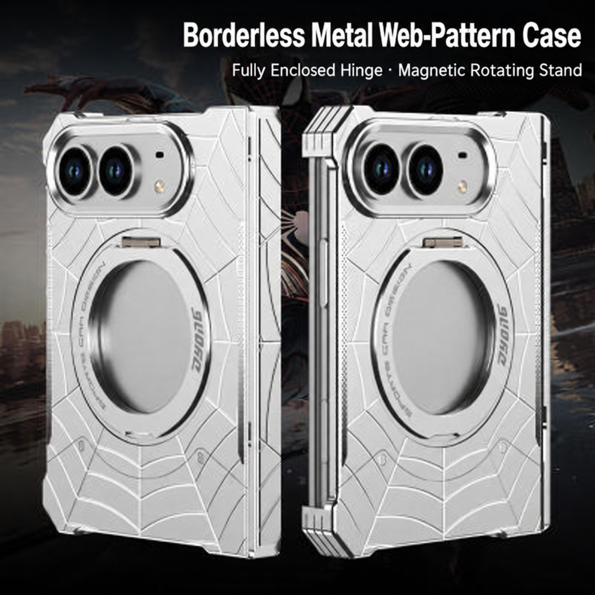 iPhone Duo Foldable Metal Case with Enclosed Hinge, Magnetic Rotating Ring Stand & Spider-Web Pattern