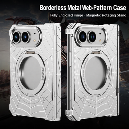 iPhone Duo Foldable Metal Case with Enclosed Hinge, Magnetic Rotating Ring Stand & Spider-Web Pattern