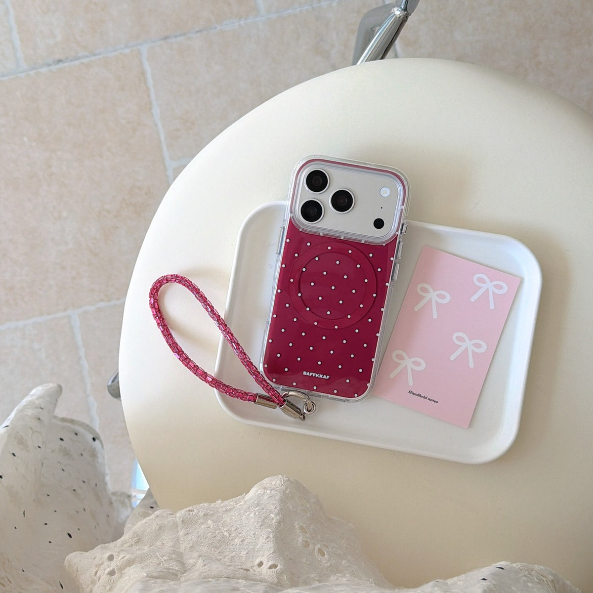 Burgundy White Polka Dot Magnetic Rounded-Edge Air-Cushion Double-Sided IMD iPhone Case with Wrist Strap