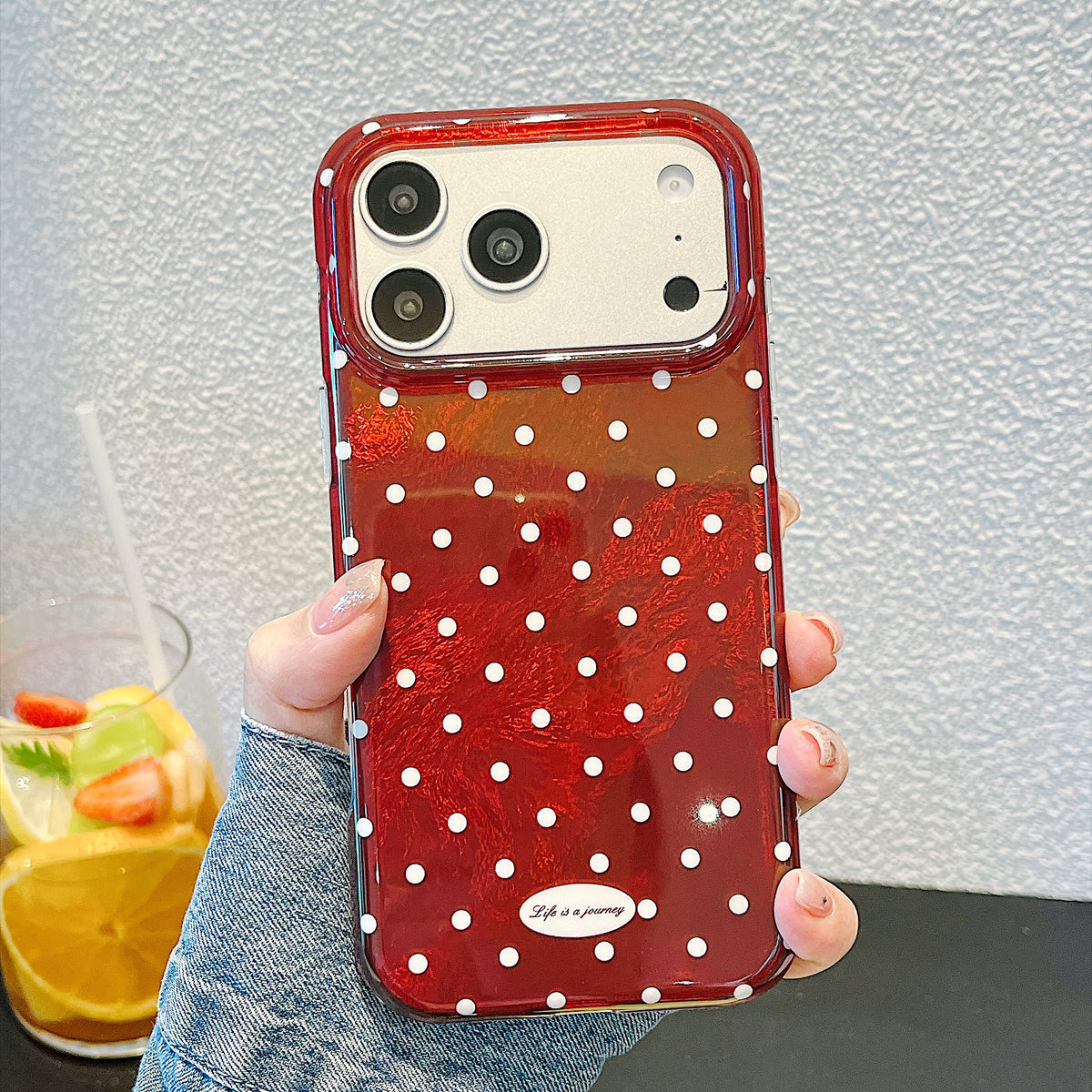 IMD Cherry Red Polka Dot Phone Case with Wrist Strap