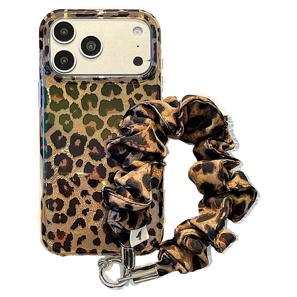 IMD Leopard Print Holographic Phone Case with Wrist Strap
