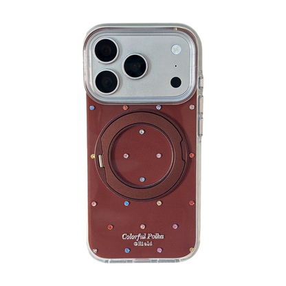 Brown Colorful Rhinestone Polka Dot Gold-Accented 360° Ring Stand Air-Cushion Edge Double-Sided IMD iPhone Case