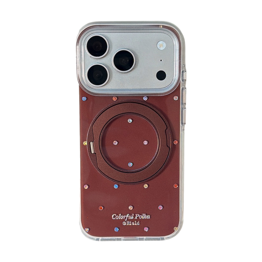 Brown Colorful Rhinestone Polka Dot Gold-Accented 360° Ring Stand Air-Cushion Edge Double-Sided IMD iPhone Case