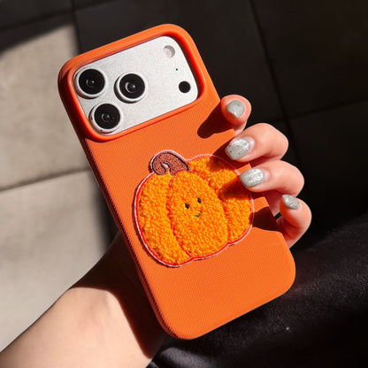 Orange Fabric Phone Case with Plush Embroidered Pumpkin & Pom-Pom Bell Wrist Strap