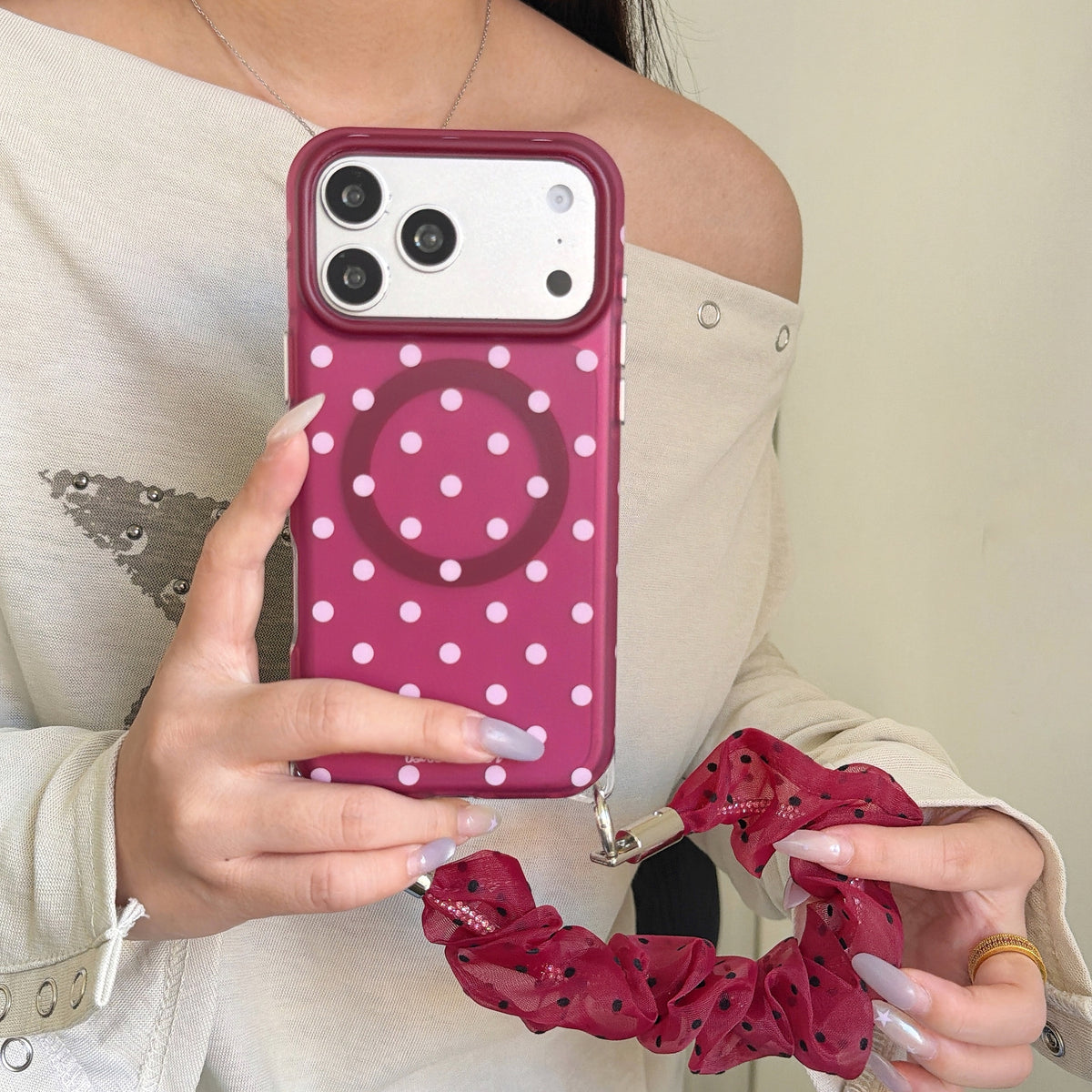 Polka Dot Phone Case with Ruffled Wrist Strap