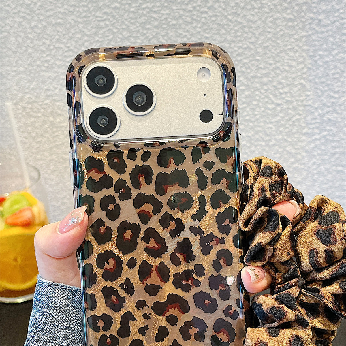IMD Leopard Print Holographic Phone Case with Wrist Strap