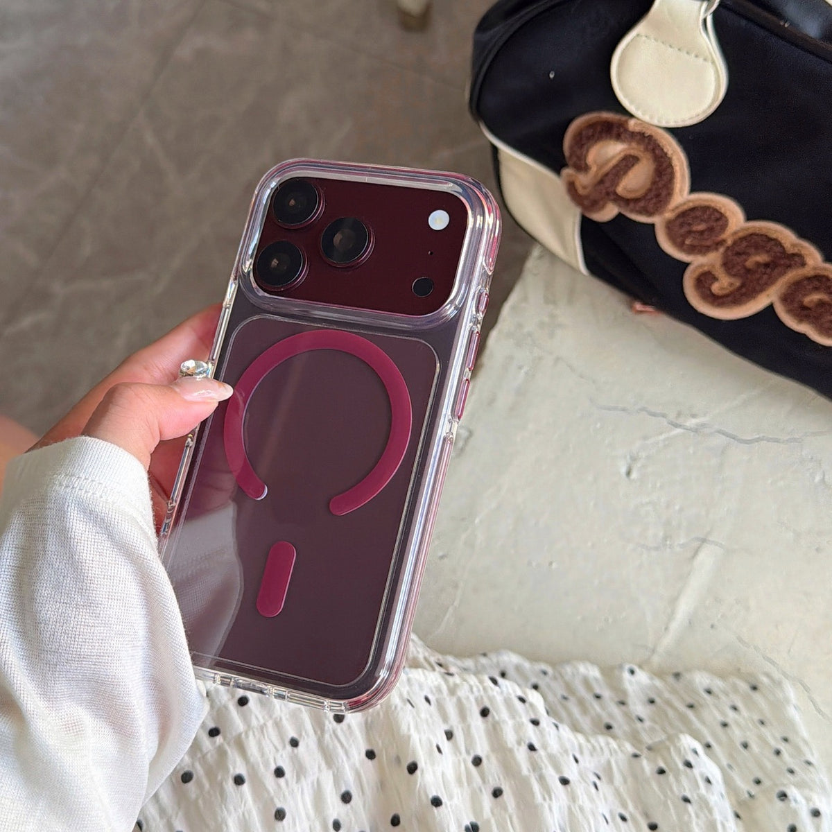 Clear Case with Cherry-Red Hinged Ring Detail – 11 iPhone Models