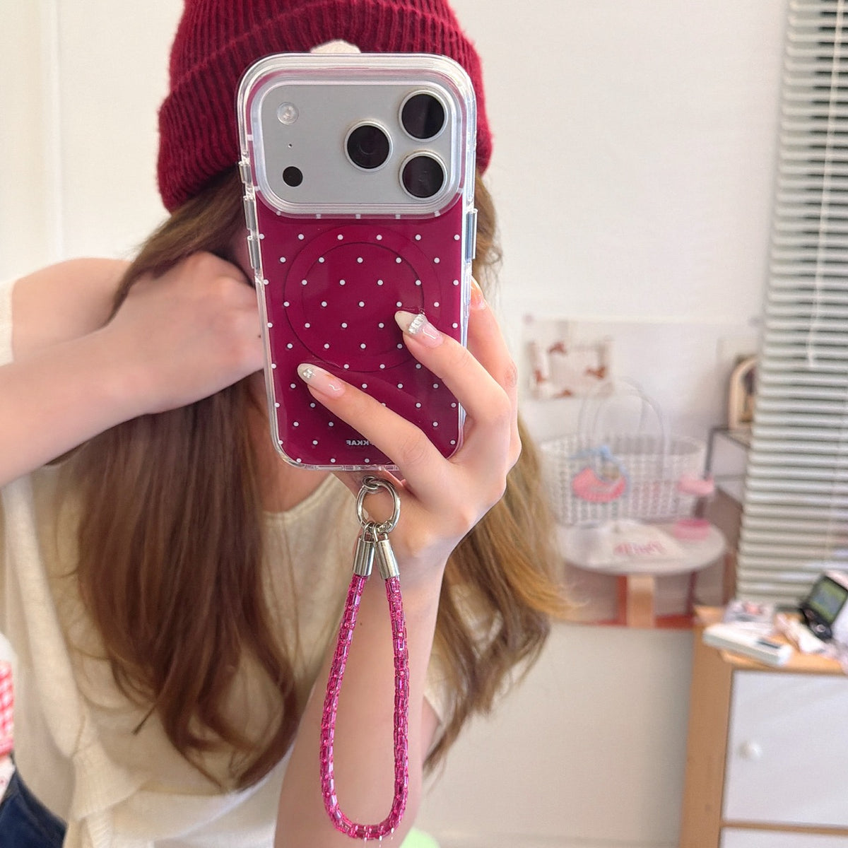 Burgundy White Polka Dot Magnetic Rounded-Edge Air-Cushion Double-Sided IMD iPhone Case with Wrist Strap