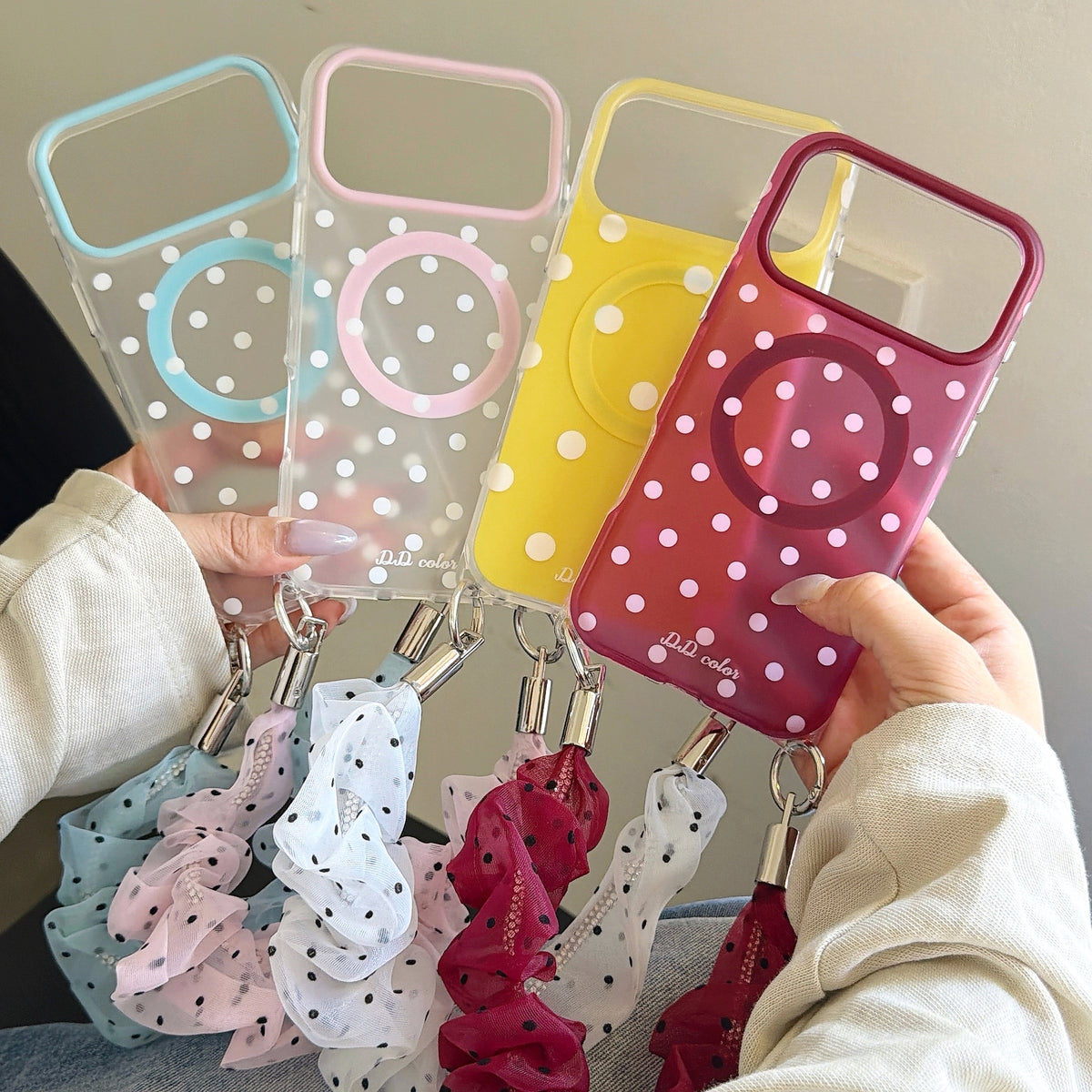 Polka Dot Phone Case with Ruffled Wrist Strap