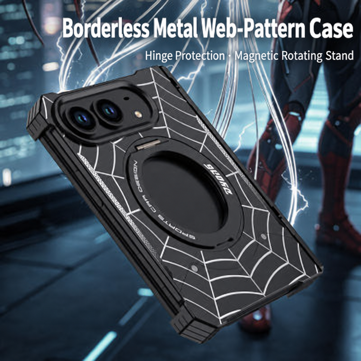 iPhone Duo Foldable Metal Case with Enclosed Hinge, Magnetic Rotating Ring Stand & Spider-Web Pattern