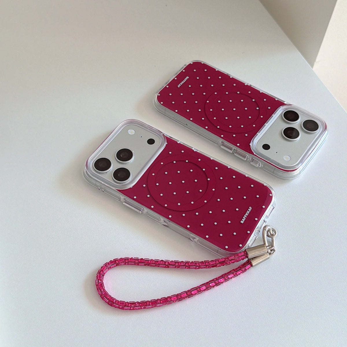 Burgundy White Polka Dot Magnetic Rounded-Edge Air-Cushion Double-Sided IMD iPhone Case with Wrist Strap