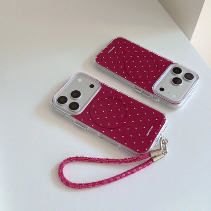 Burgundy White Polka Dot Magnetic Rounded-Edge Air-Cushion Double-Sided IMD iPhone Case with Wrist Strap