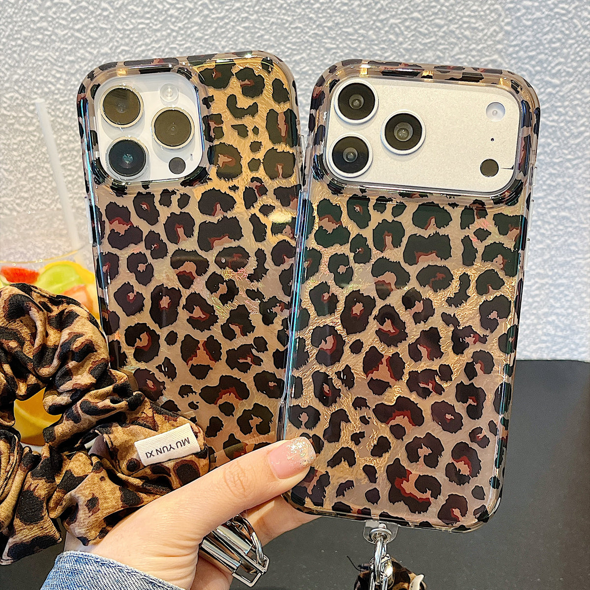 IMD Leopard Print Holographic Phone Case with Wrist Strap