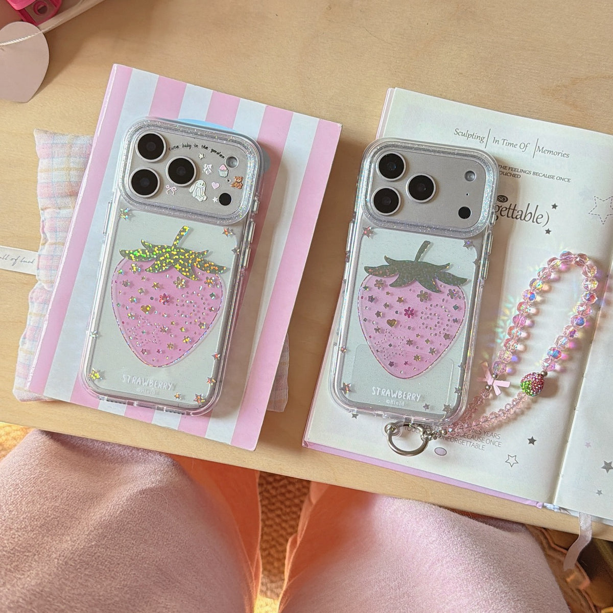 Pink Strawberry Glitter Case – With or Without Beaded Wrist Strap | 15 iPhone Models