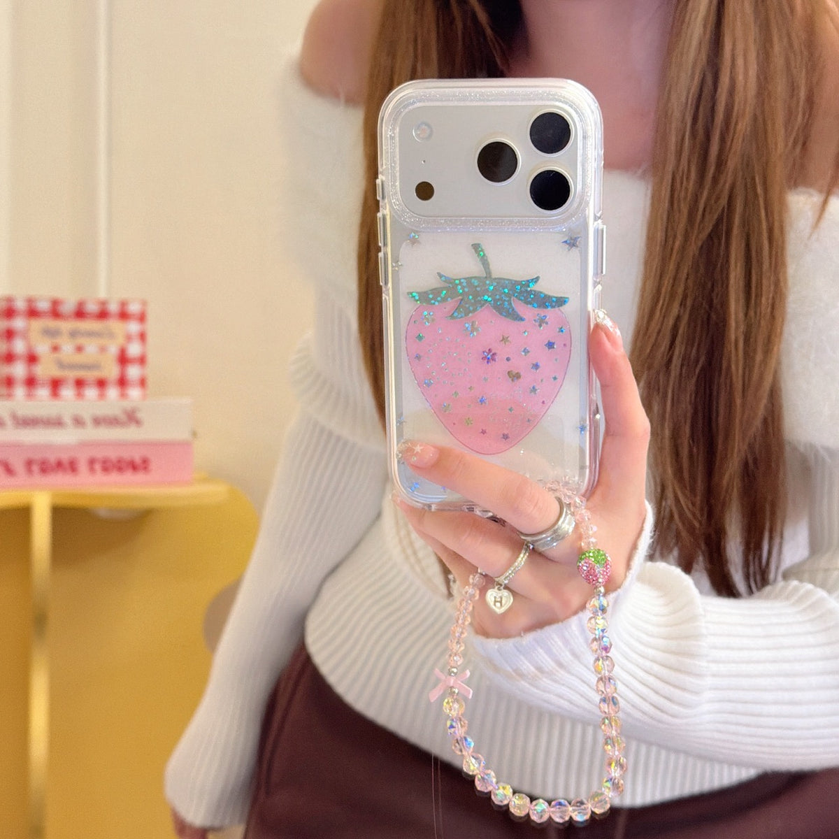 Pink Strawberry Glitter Case – With or Without Beaded Wrist Strap | 15 iPhone Models