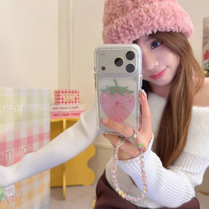 Pink Strawberry Glitter Case – With or Without Beaded Wrist Strap | 15 iPhone Models