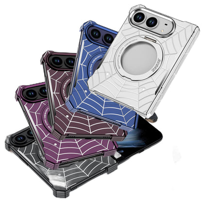 iPhone Duo Foldable Metal Case with Enclosed Hinge, Magnetic Rotating Ring Stand & Spider-Web Pattern