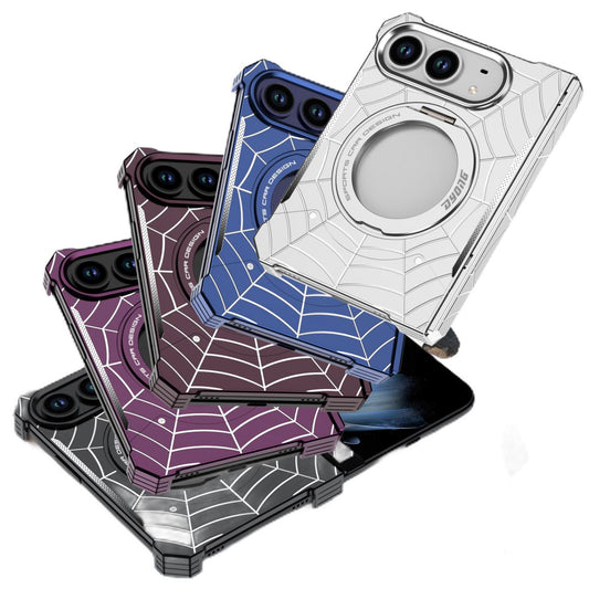 iPhone Duo Foldable Metal Case with Enclosed Hinge, Magnetic Rotating Ring Stand & Spider-Web Pattern