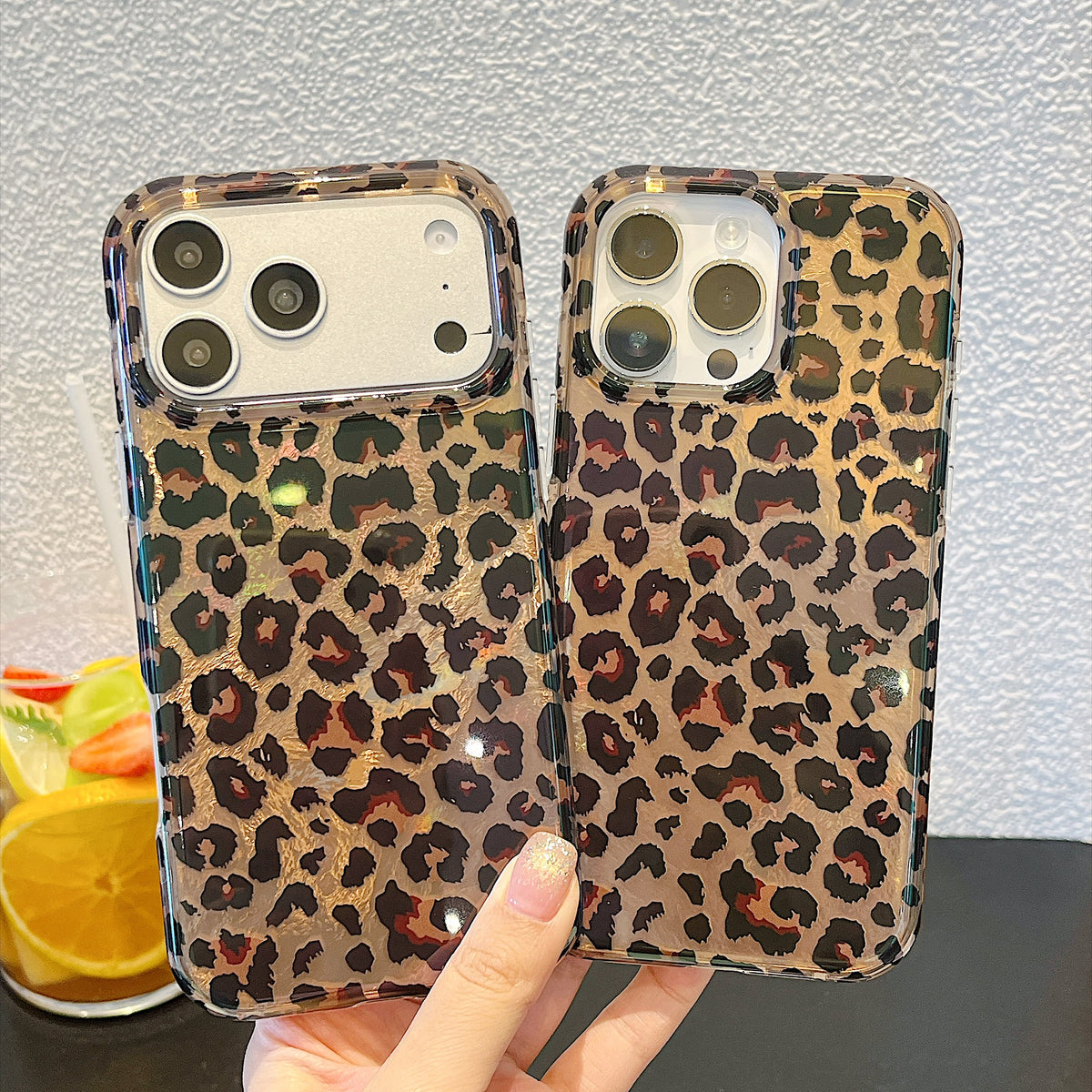 IMD Leopard Print Holographic Phone Case with Wrist Strap
