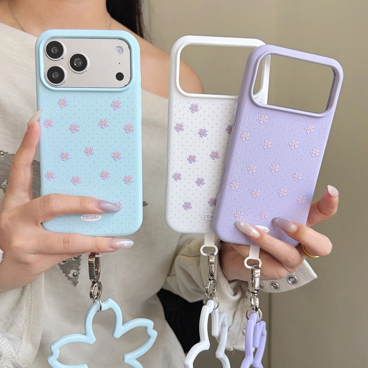 Floral Polka Dot Phone Case with Flower Wrist Strap