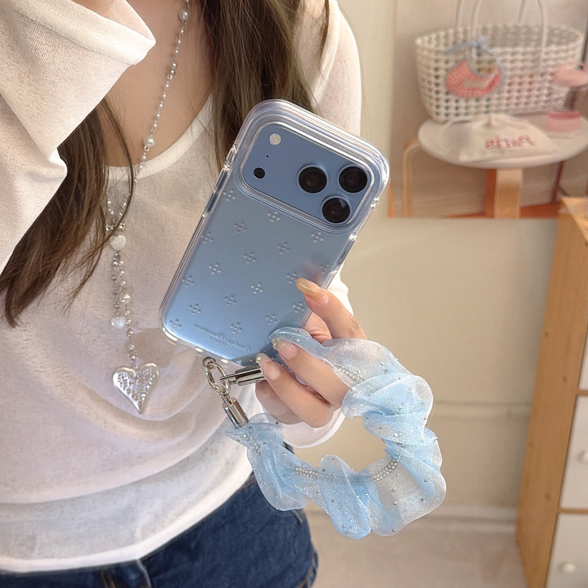 Gradient Blue Rhinestone Flower Gold-Trim Air-Cushion Double-Sided IMD iPhone Case