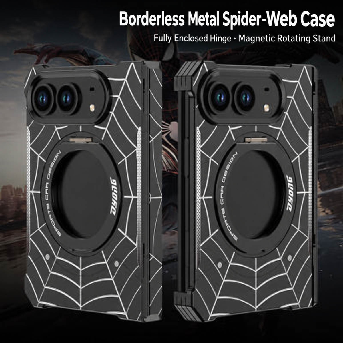 iPhone Duo Foldable Metal Case with Enclosed Hinge, Magnetic Rotating Ring Stand & Spider-Web Pattern