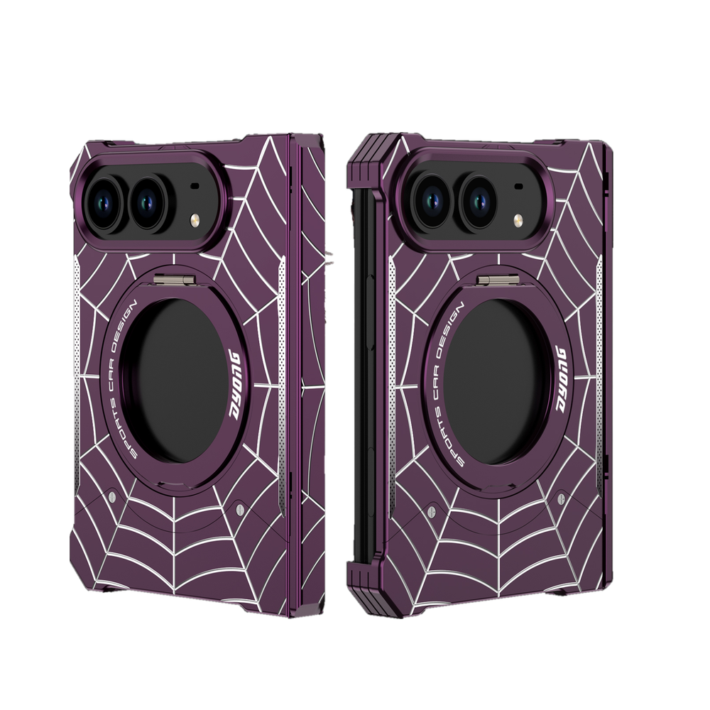 iPhone Duo Foldable Metal Case with Enclosed Hinge, Magnetic Rotating Ring Stand & Spider-Web Pattern