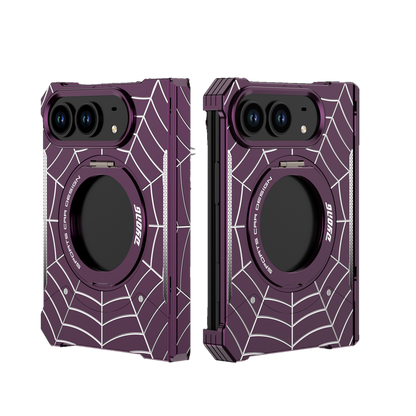 iPhone Duo Foldable Metal Case with Enclosed Hinge, Magnetic Rotating Ring Stand & Spider-Web Pattern