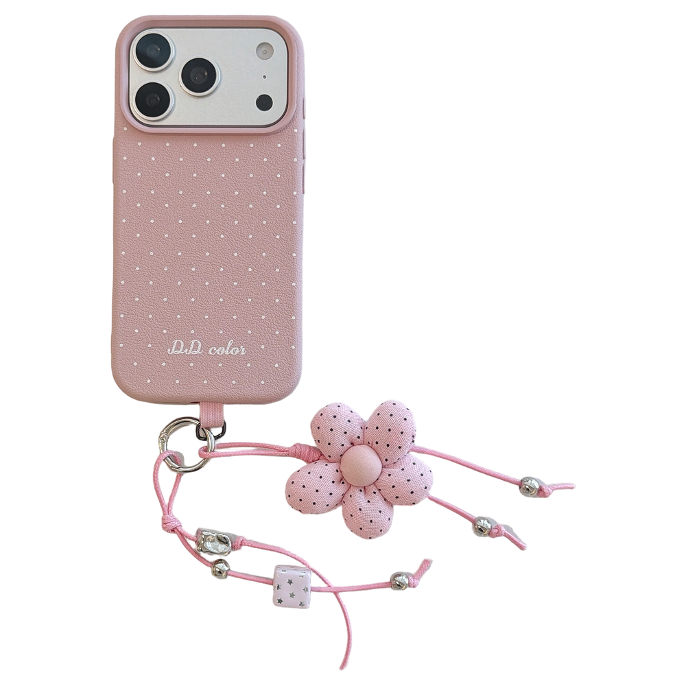 Polka Dot Phone Case with Flower Wrist Strap – 6 Color Styles