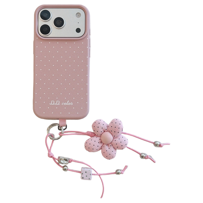 Polka Dot Phone Case with Flower Wrist Strap – 6 Color Styles