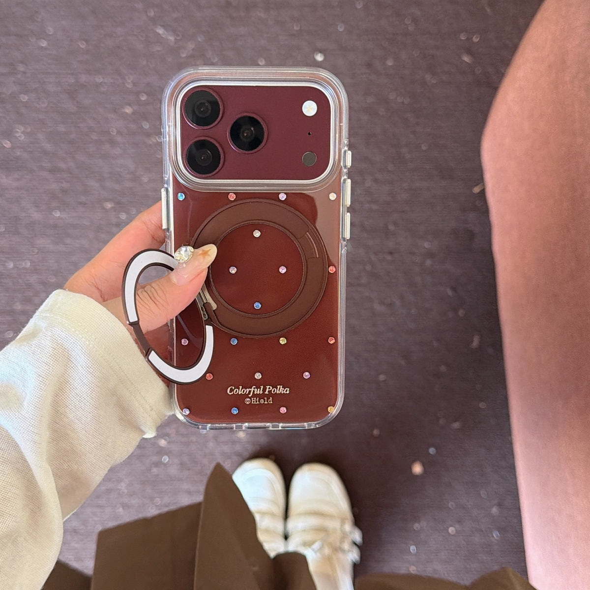 Brown Colorful Rhinestone Polka Dot Gold-Accented 360° Ring Stand Air-Cushion Edge Double-Sided IMD iPhone Case