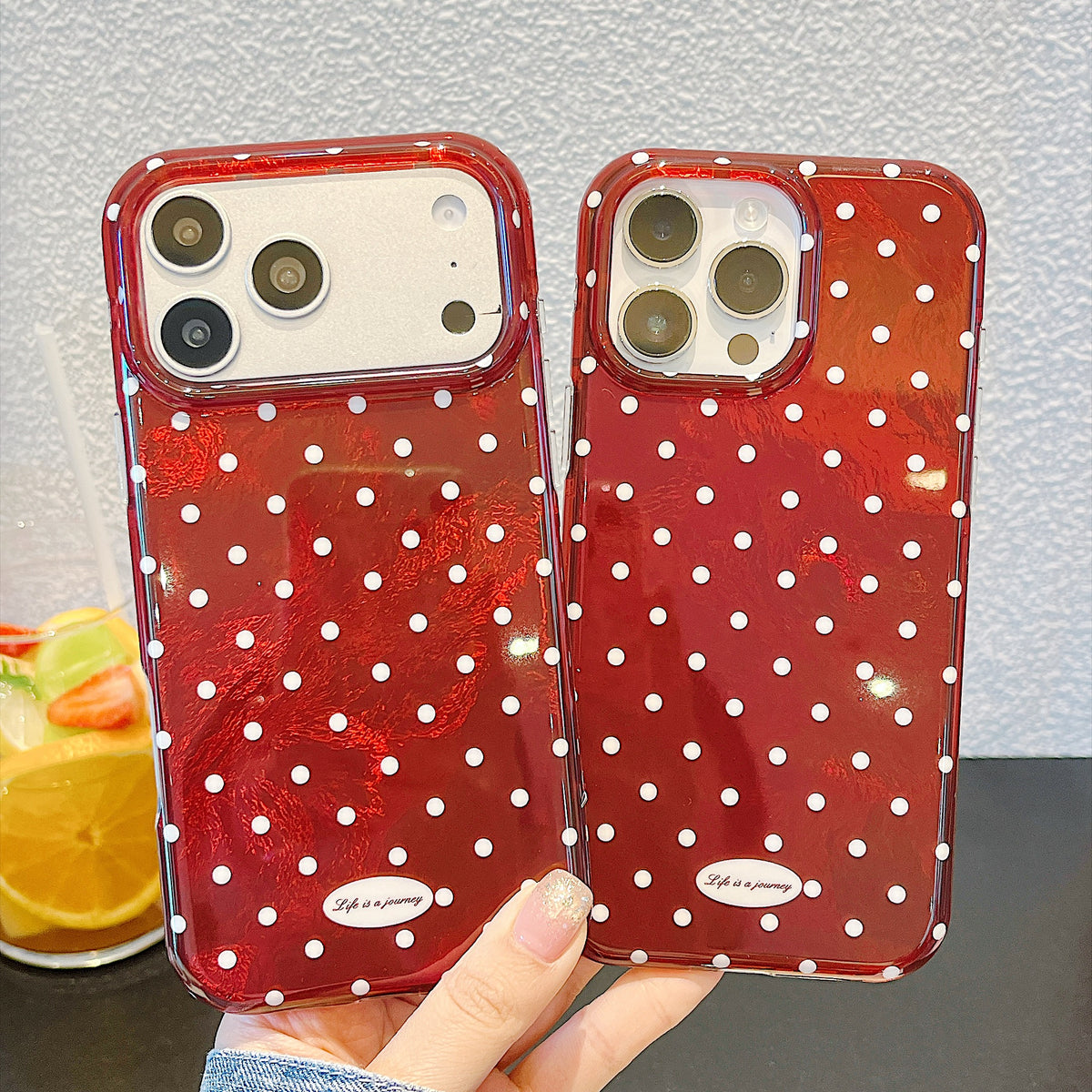 IMD Cherry Red Polka Dot Phone Case with Wrist Strap