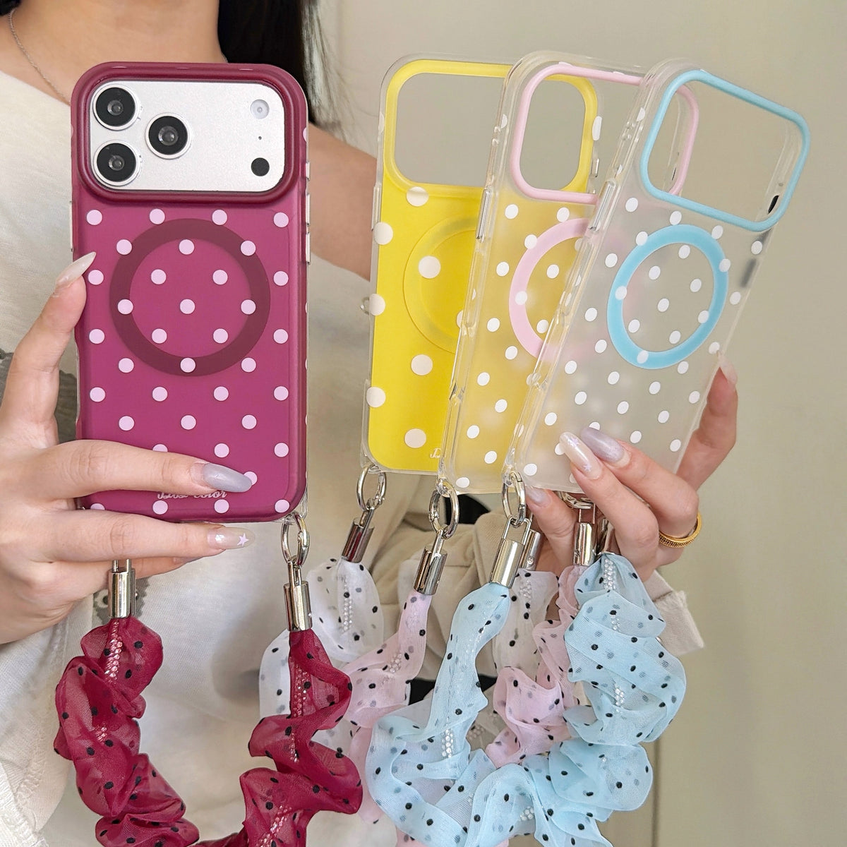 Polka Dot Phone Case with Ruffled Wrist Strap