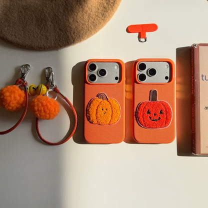 Orange Fabric Phone Case with Plush Embroidered Pumpkin & Pom-Pom Bell Wrist Strap
