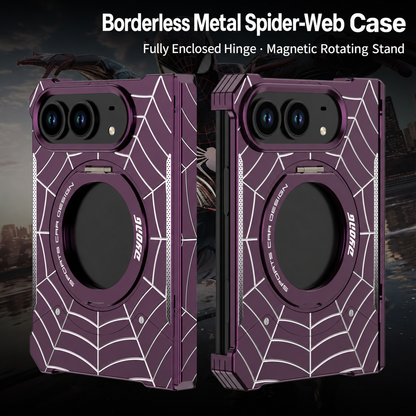 iPhone Duo Foldable Metal Case with Enclosed Hinge, Magnetic Rotating Ring Stand & Spider-Web Pattern