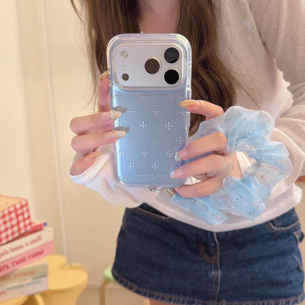 Gradient Blue Rhinestone Flower Gold-Trim Air-Cushion Double-Sided IMD iPhone Case