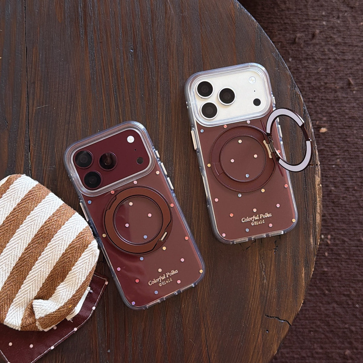 Brown Colorful Rhinestone Polka Dot Gold-Accented 360° Ring Stand Air-Cushion Edge Double-Sided IMD iPhone Case